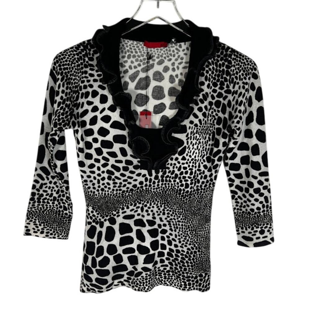 NEW! Red Women's Animal Print Ruffle Neck Blouse S Black White 3/4 Sleeve Top